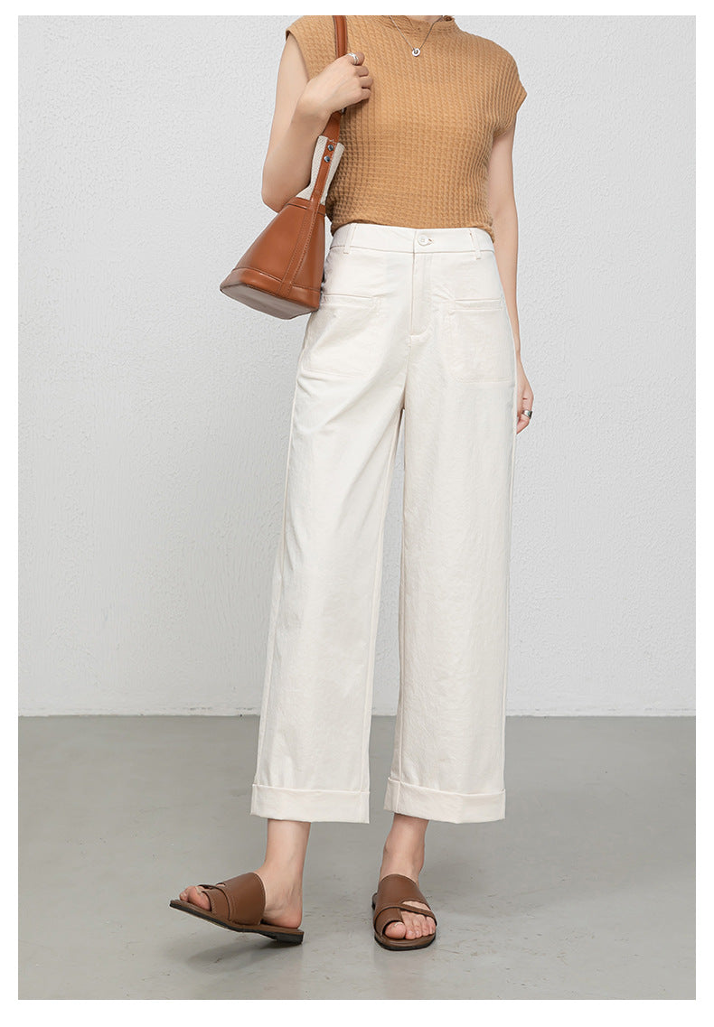 High waisted cropped pants women with rolled cuffs