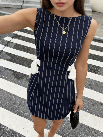Women summer mini dress sleeveless striped bow tie