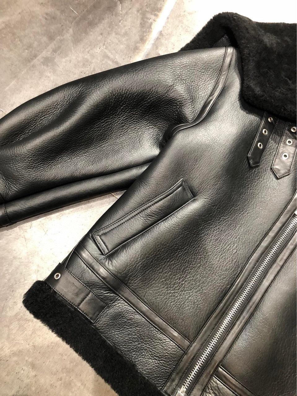 Women’s Black Leather Bomber Jacket with Fur Collar