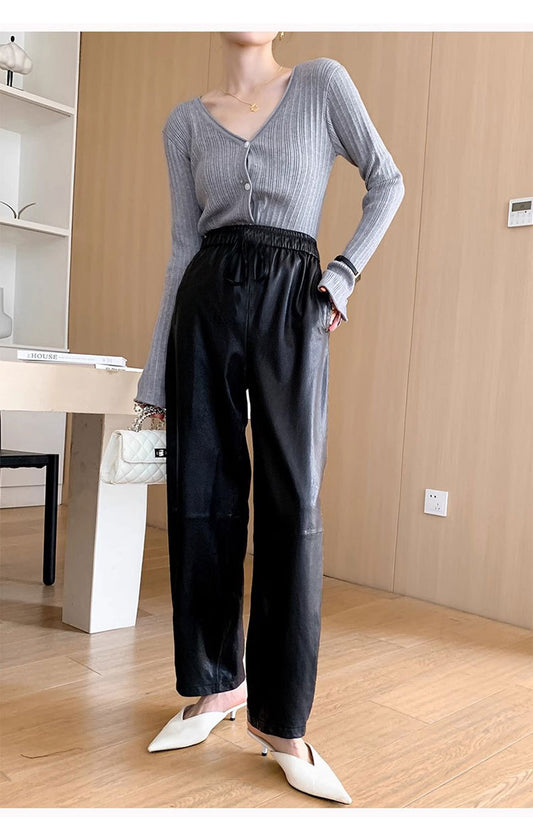 Women’s Leather Trousers High-Waisted Black Wide-Leg Pants