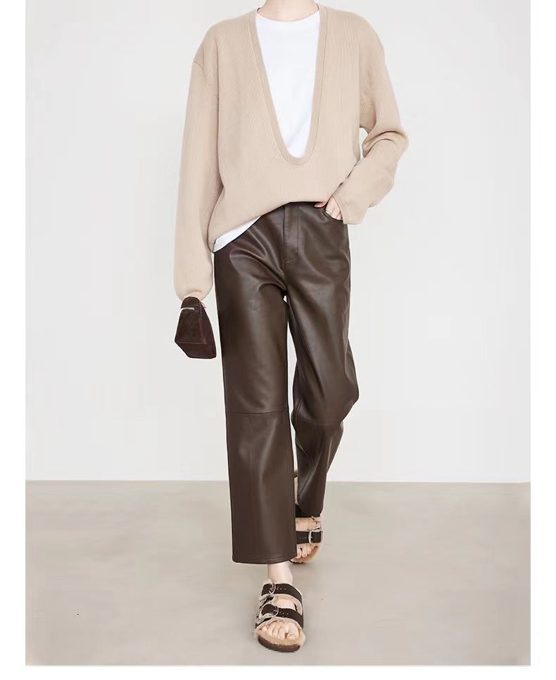 Women’s High Rise Genuine Straight Leather Pants Brown