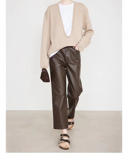 Women’s High Rise Genuine Straight Leather Pants Brown