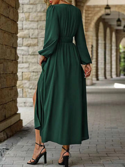 Olive Green V Neck Long Sleeve Belted High Slit Maxi Dress