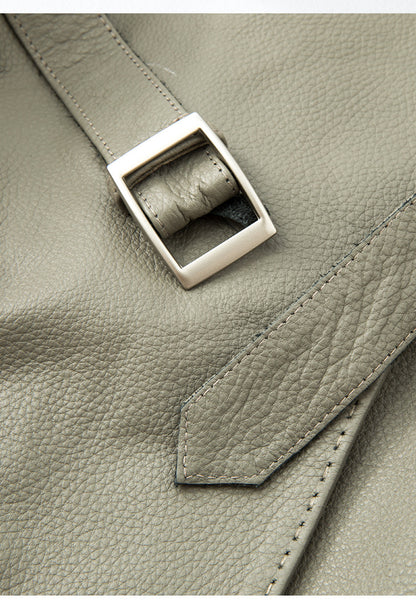 Women Leather Jacket Lychee Grain Belted Short Coat