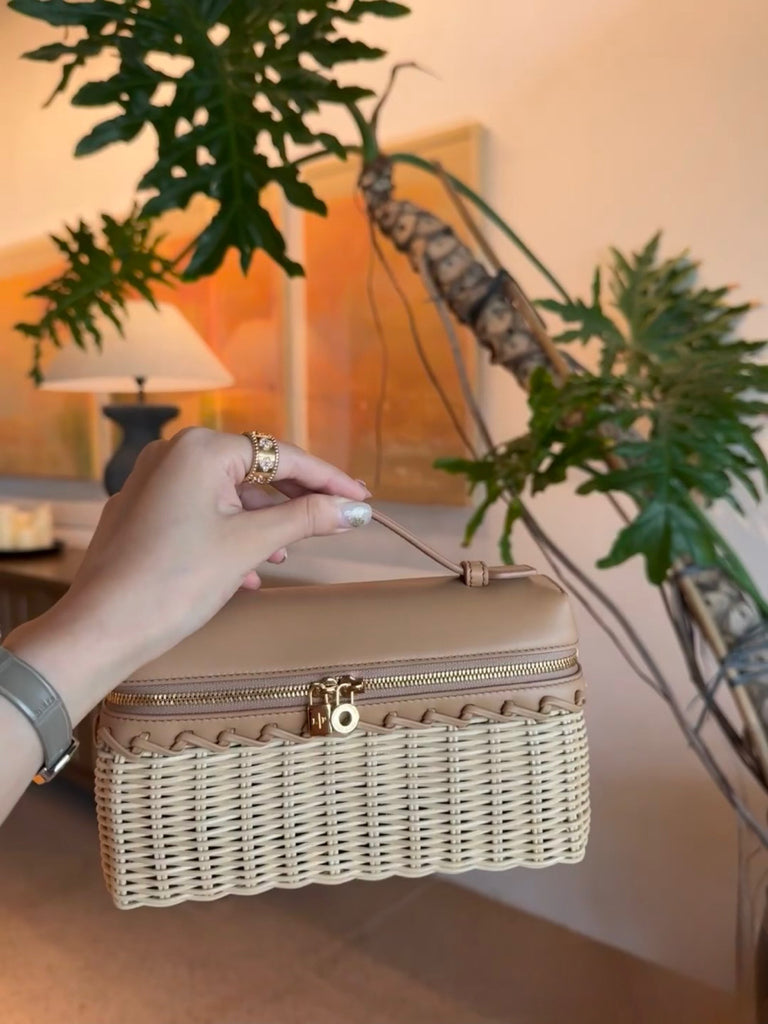 Handwoven Rattan and Leather Crossbody Summer Bag