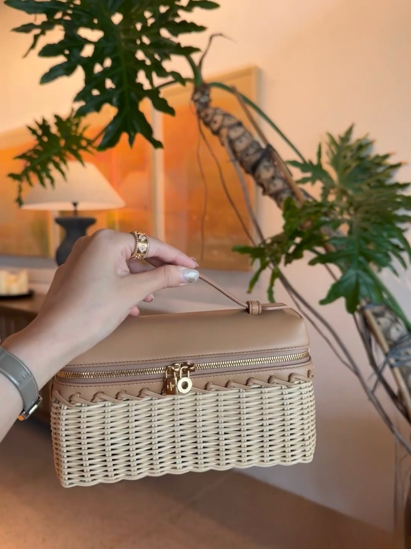 Handwoven Rattan and Leather Crossbody Summer Bag
