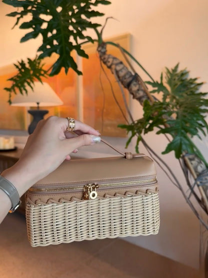 Handwoven Rattan and Leather Crossbody Summer Bag