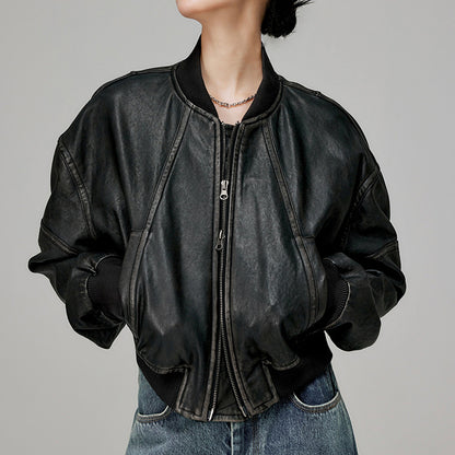 Women’s Genuine Leather Bomber Jacket Retro Baseball Style Coat
