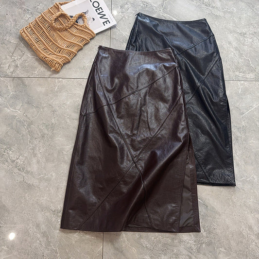 Women’s Genuine Leather High Waist Midi Skirt with Slit