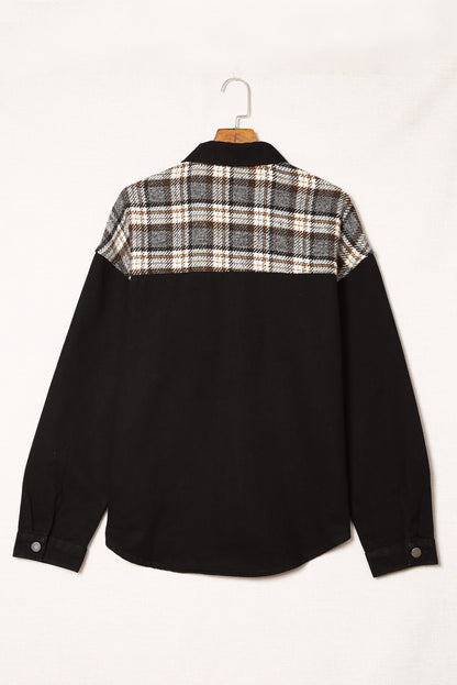 Black Plaid Patchwork Oversized Denim Shirt Jacket for Women