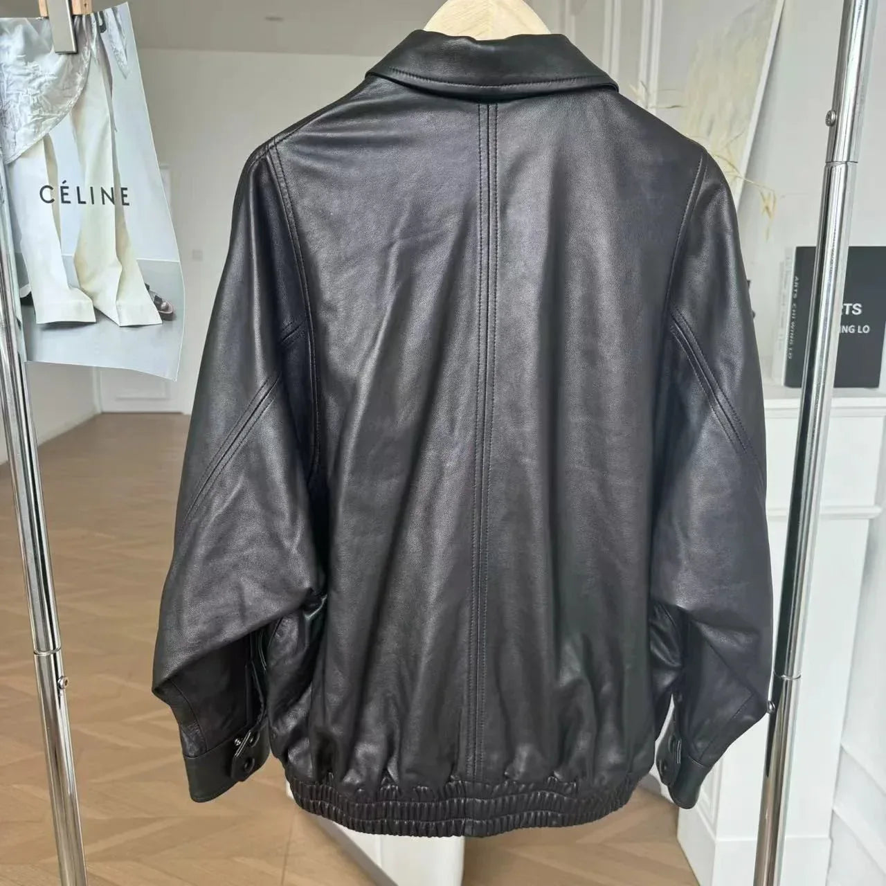 Oversized Black Leather Bomber Jacket Women