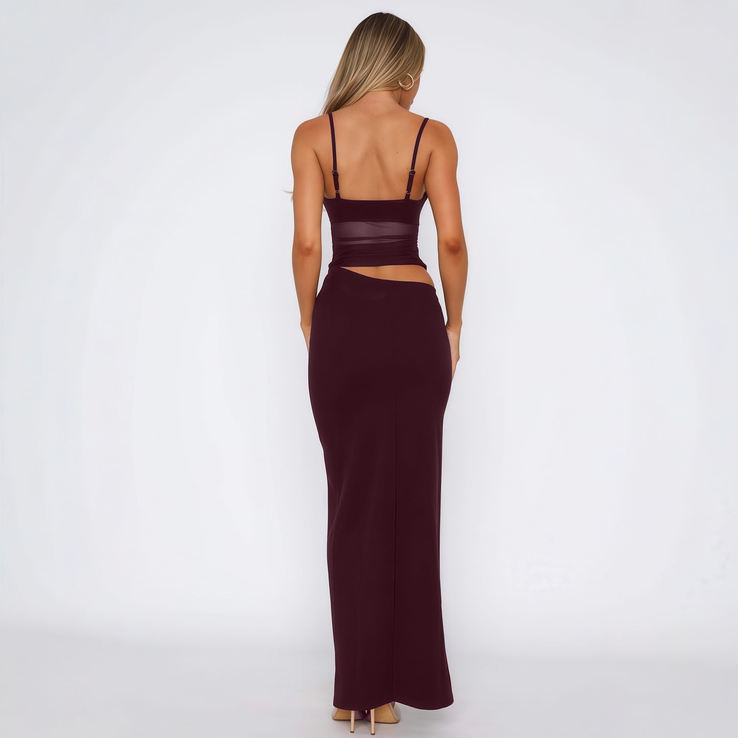 Burgundy mesh backless bodycon maxi dress women