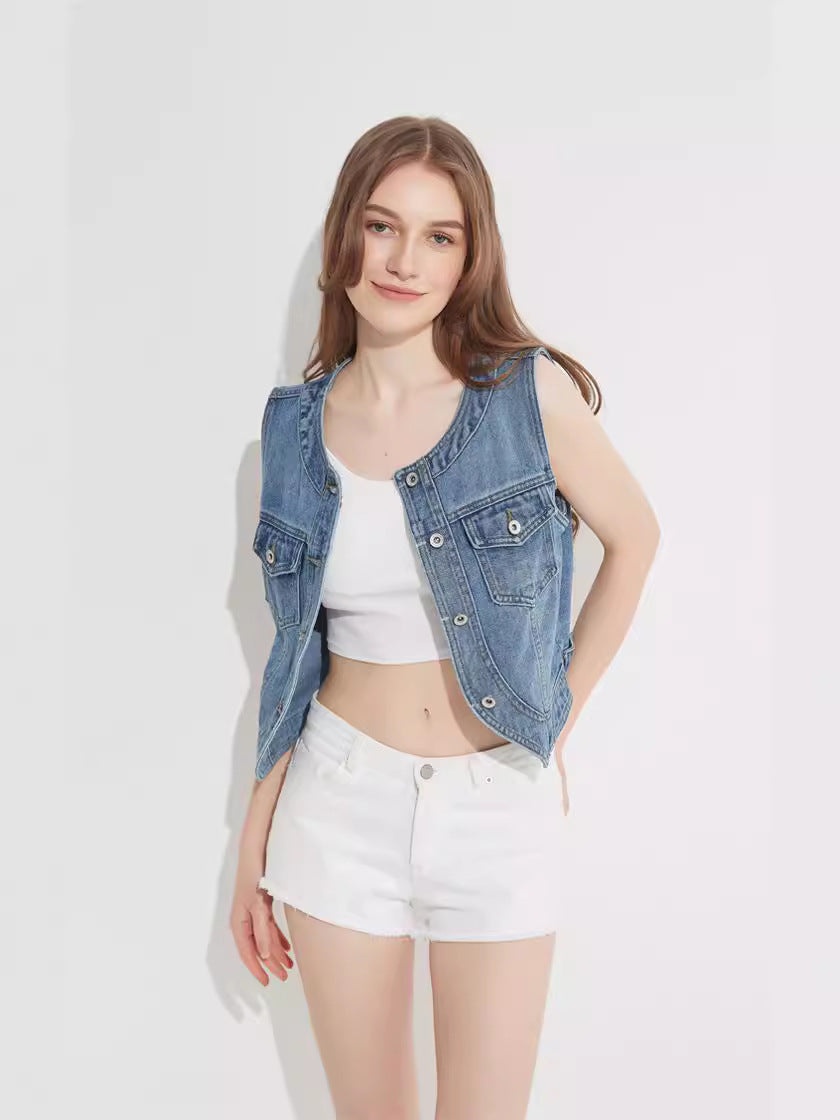 Flap Pocket Button Front Vest Denim Jacket