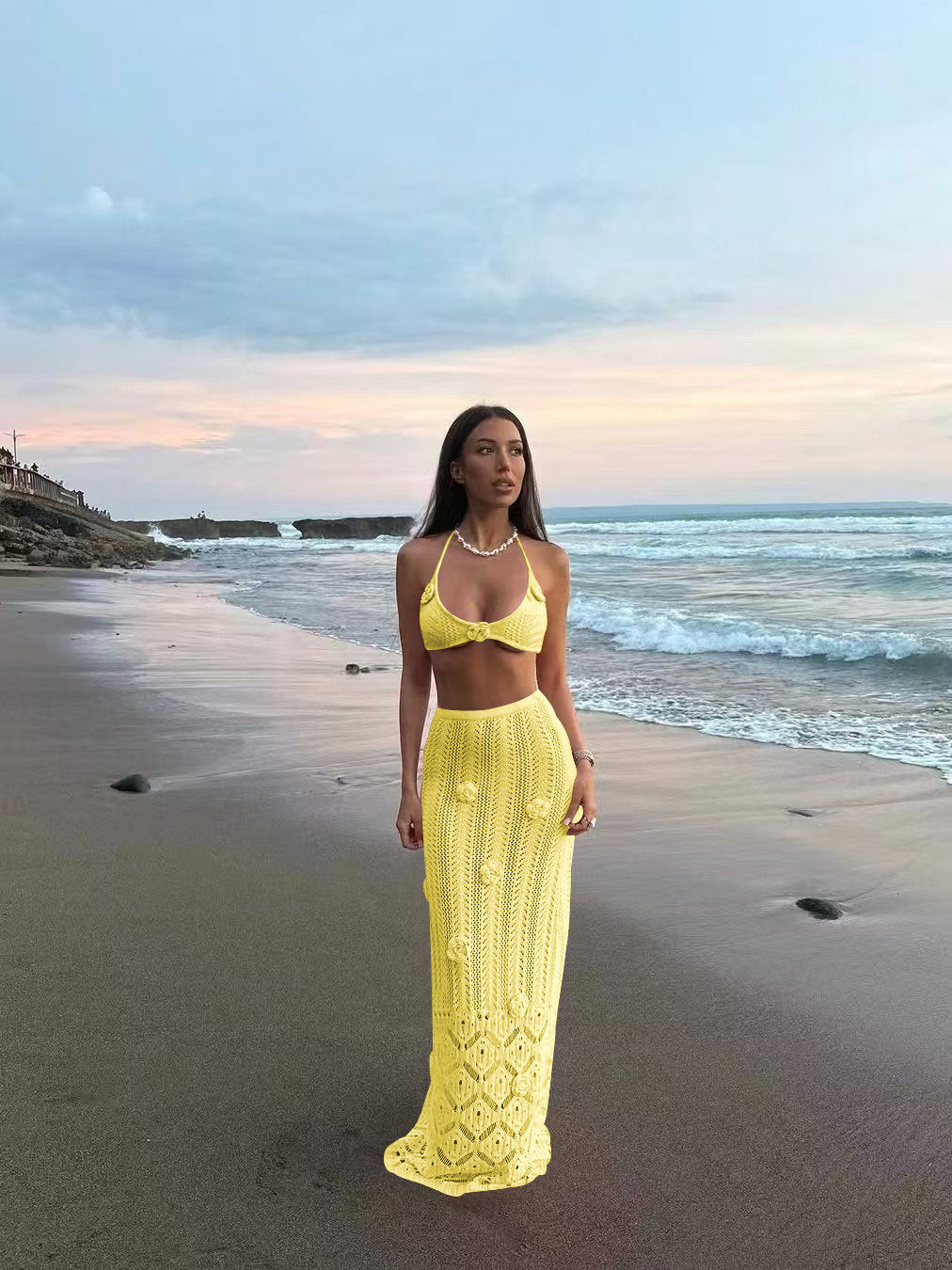 Pink Crochet Bikini & Floral Knit Beach Outfit