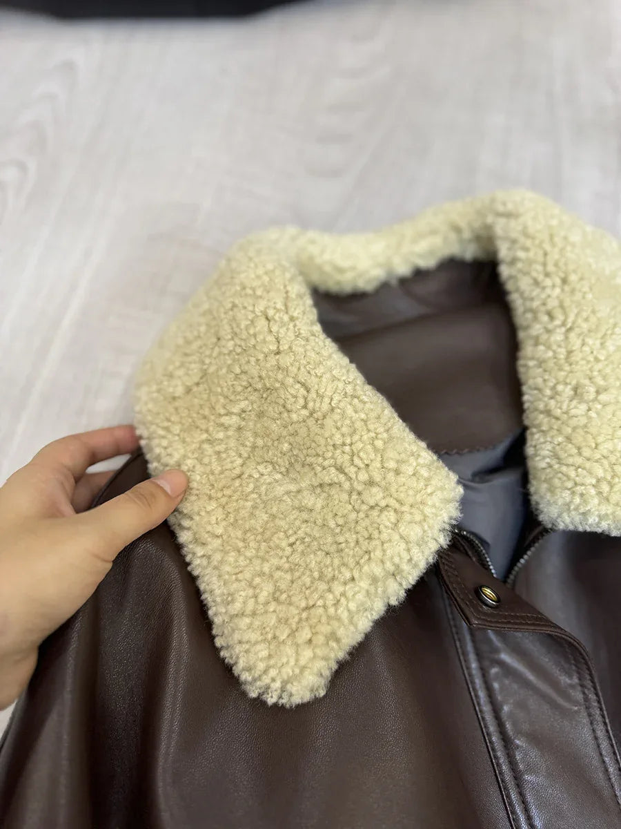 Leather bomber jacket for women with wool fur collar