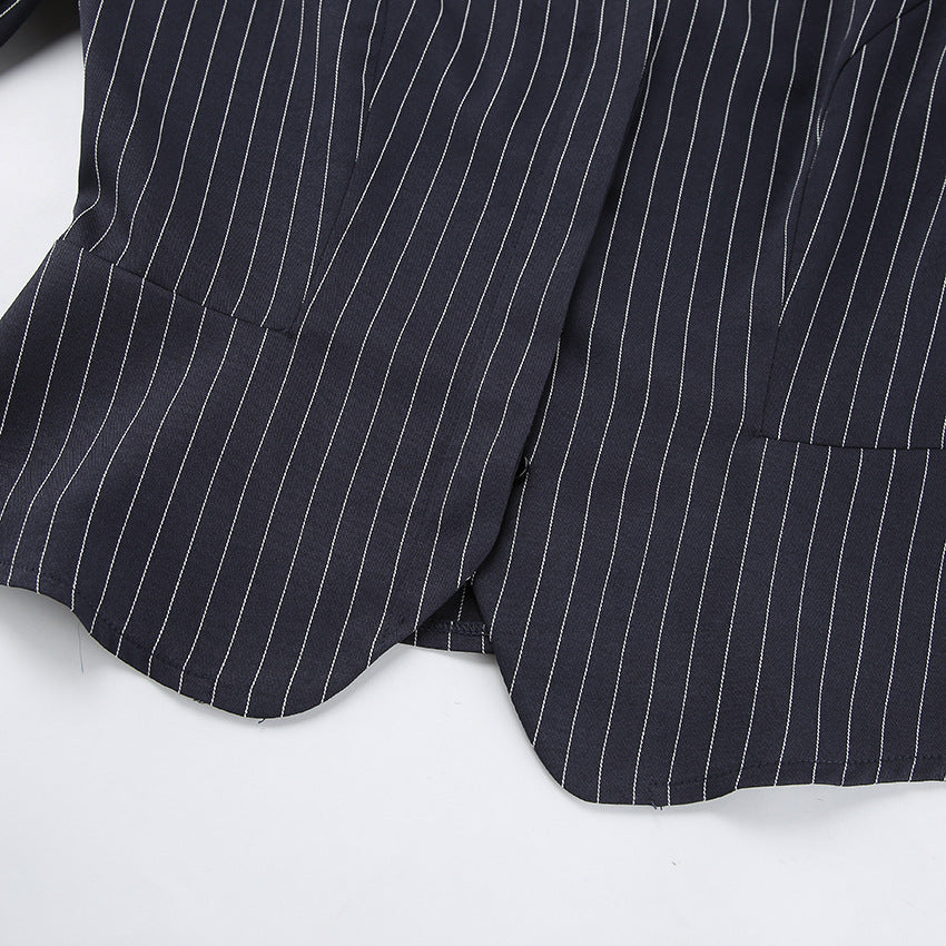 Women Navy Blue Pinstripe Blazer Skirt Set Two-Piece Outfit