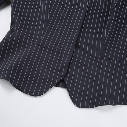 Women Navy Blue Pinstripe Blazer Skirt Set Two-Piece Outfit