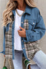 Mid-Wash Plaid Patchwork Oversized Denim Shirt Jacket for Women