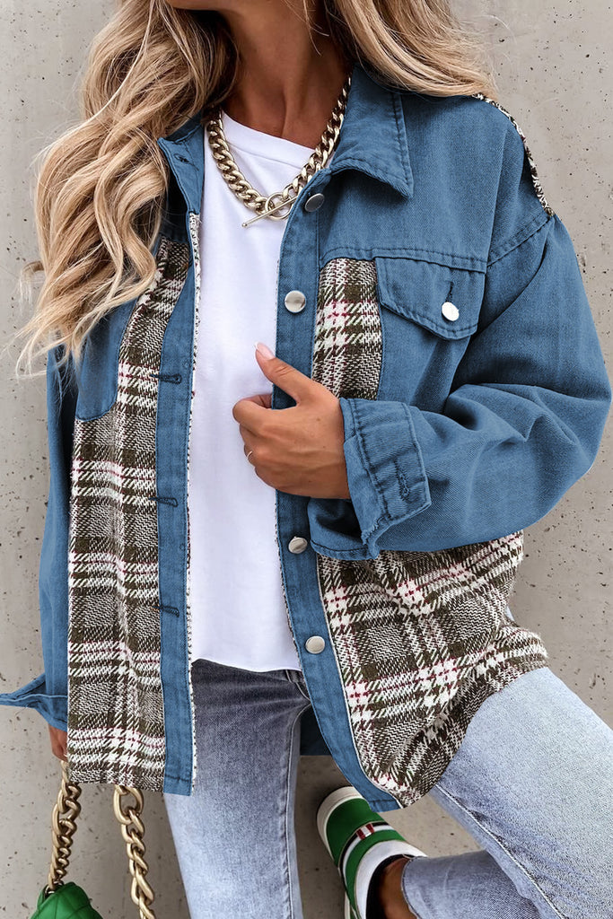 Mid-Wash Plaid Patchwork Oversized Denim Shirt Jacket for Women