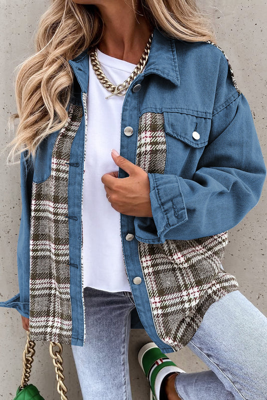 Mid-Wash Plaid Patchwork Oversized Denim Shirt Jacket for Women