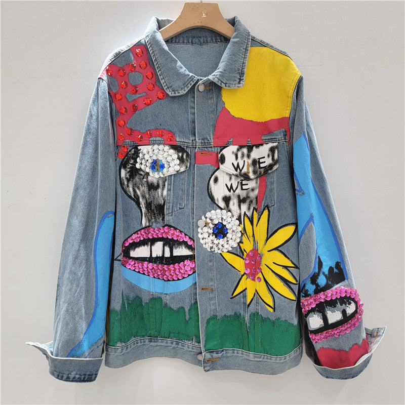 Women Hand-Painted Oversized Graffiti Beaded Denim Jacket