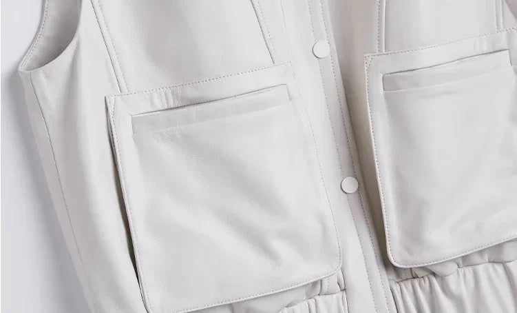 Women Real Leather Stand Collar Vest