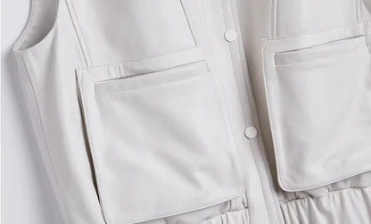 Women Real Leather Stand Collar Vest