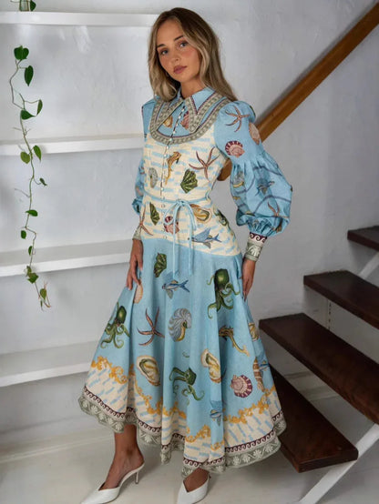 Sea print linen pan collar maxi dress