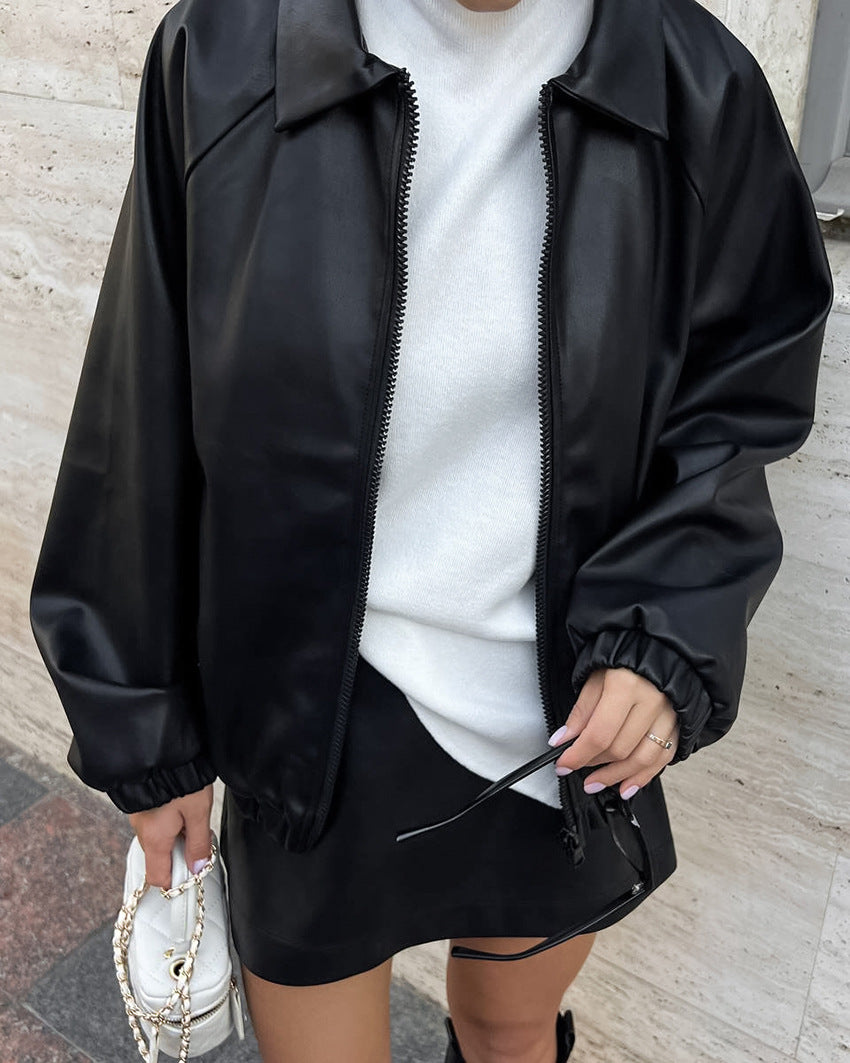 Oversized Faux Leather Jacket for Women