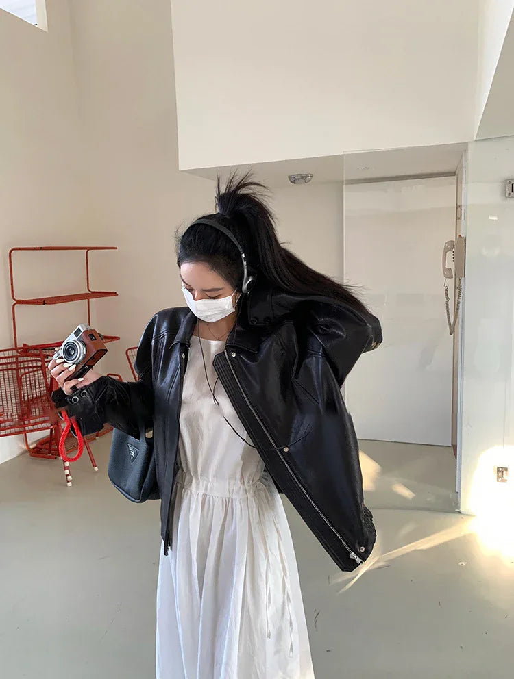 Women Oil-Waxed Oversized Genuine Sheepskin Leather Jacket