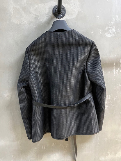 Women Hand Woven Leather Jacket with Open Front Belt