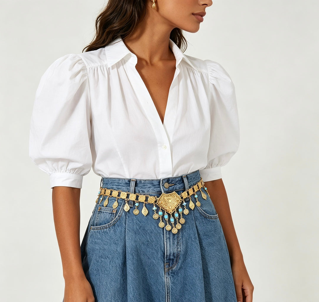 Gold Waist Chain with Coin Tassels and Turquoise Accents