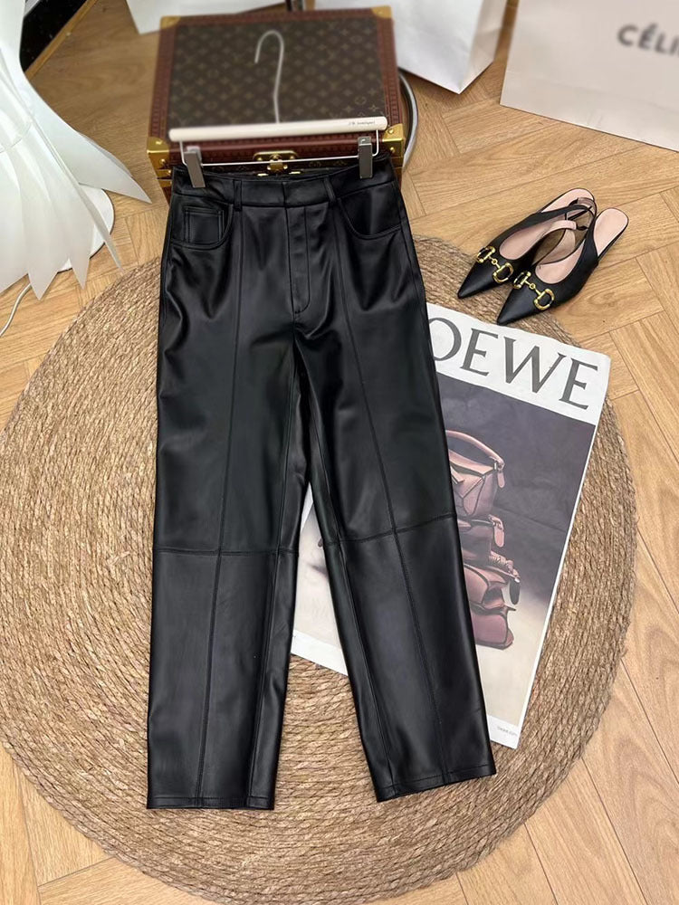 Women Leather Cropped Harem Straight Leg Pants