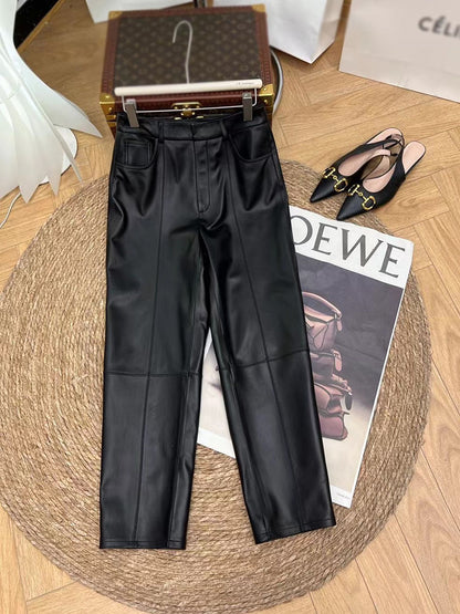Women Leather Cropped Harem Straight Leg Pants