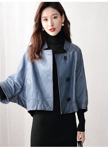 Retro distressed leather bomber jacket women