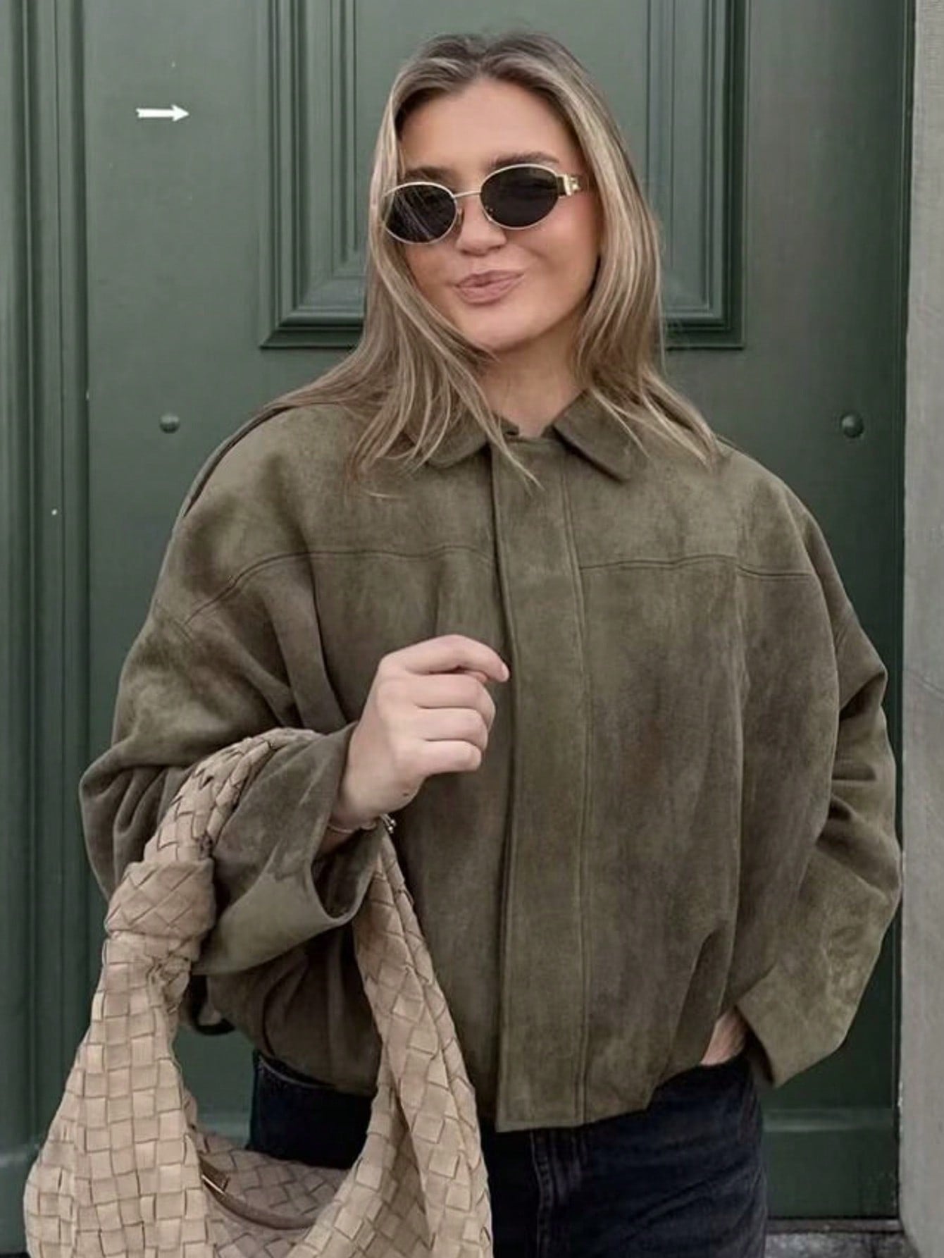 Women Faux Suede Textured Pilot Jacket Oversized