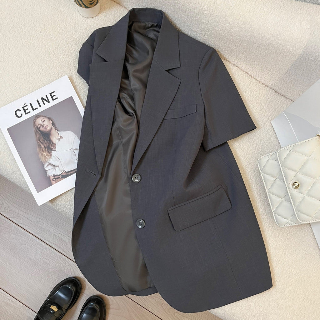Grey short sleeve women suit blazer jacket 1 S
