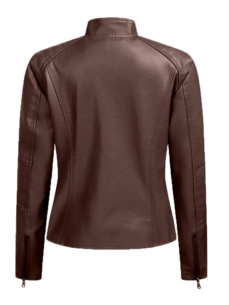 Brown Jacket for Women Slim Fit Faux Leather Motorcycle Biker