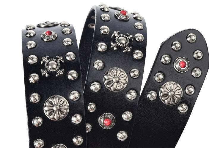Black Leather Biker Belt with Rivets for Men and Women