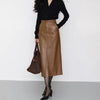 High Waisted A-Line Leather Midi Skirt with Front Slit