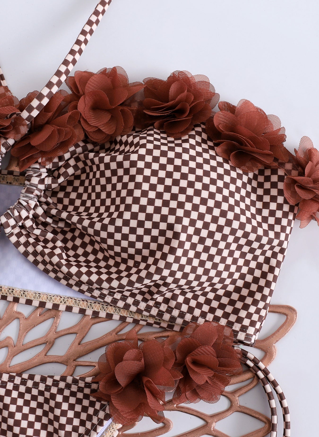 Brown Checkered Two Piece Bikini Set with Floral Appliqués