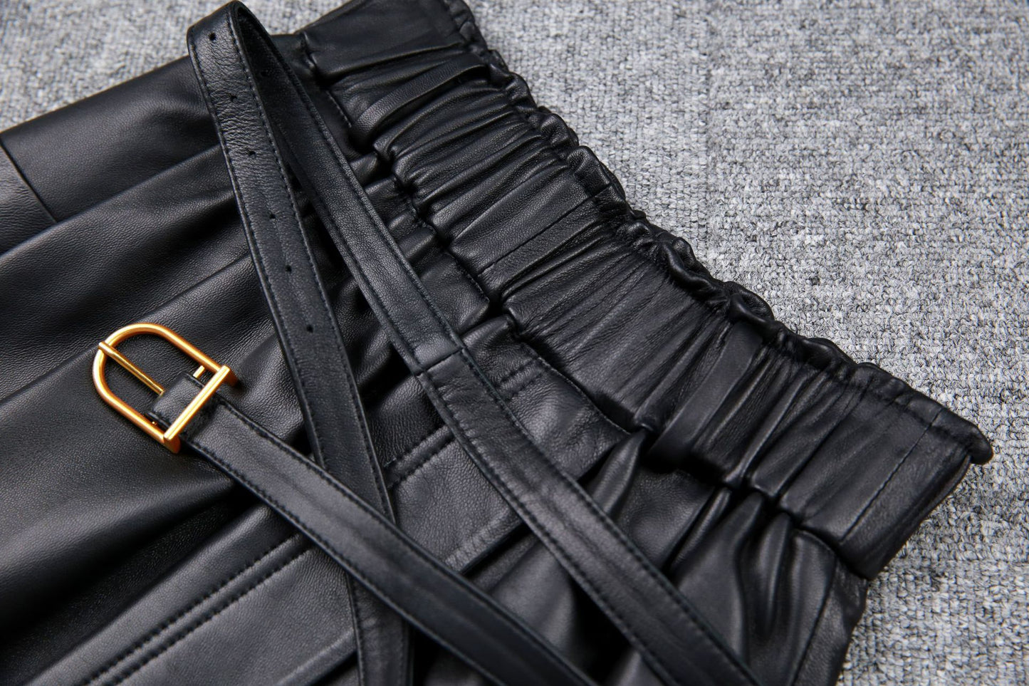 High Waist Black Leather Midi Skirt with Belt Pleated Design