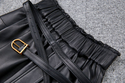 High Waist Black Leather Midi Skirt with Belt Pleated Design