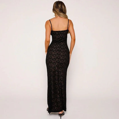 Black deep v lace long bodycon dress