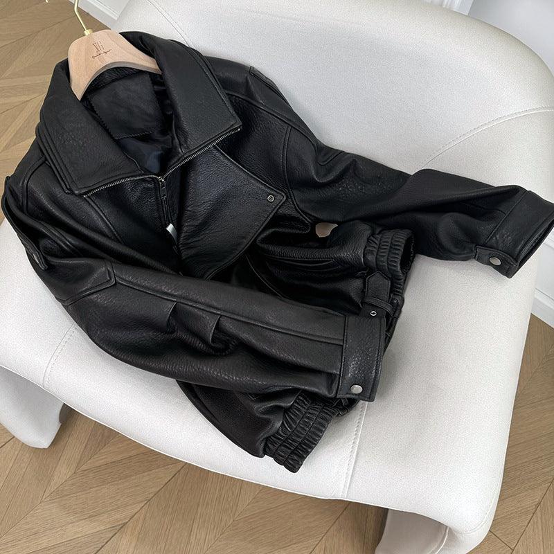 Women Loose Fit Leather Jacket Oversized Bomber Moto