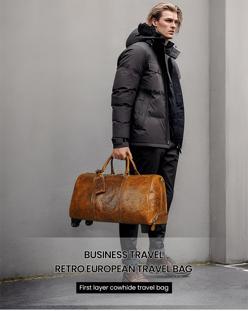 Genuine Leather Trolley Travel Bag Rolling Duffel