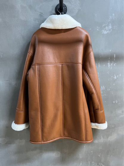 Women’s Mid-Length Shearling Leather Coat with Merino Fur Collar