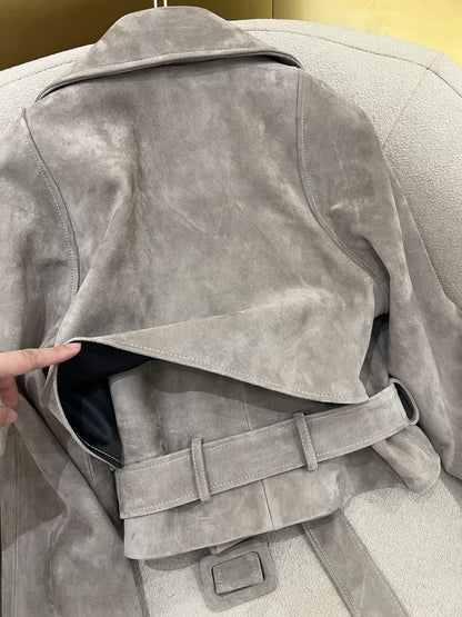 Women Suede Leather Short Trench Coat Maillard