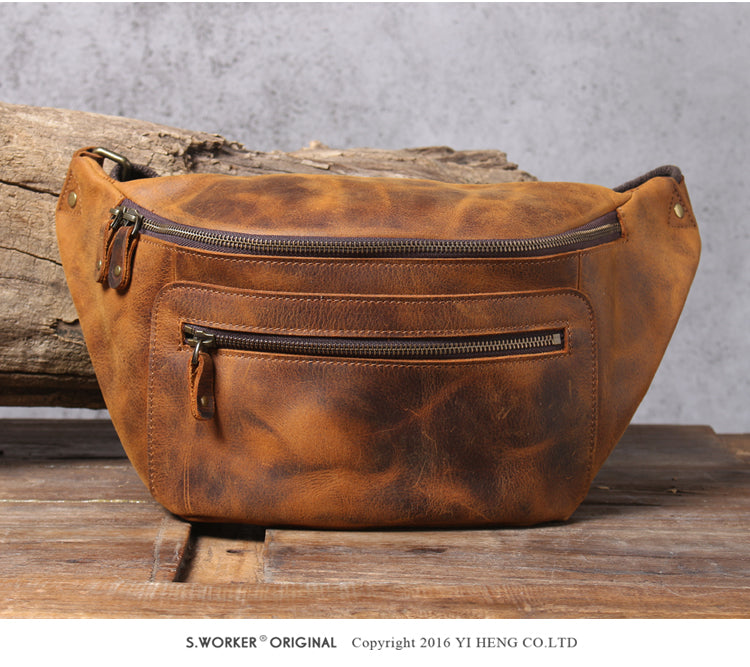 Men’s Crazy Horse Leather Chest Bag Waist Messenger
