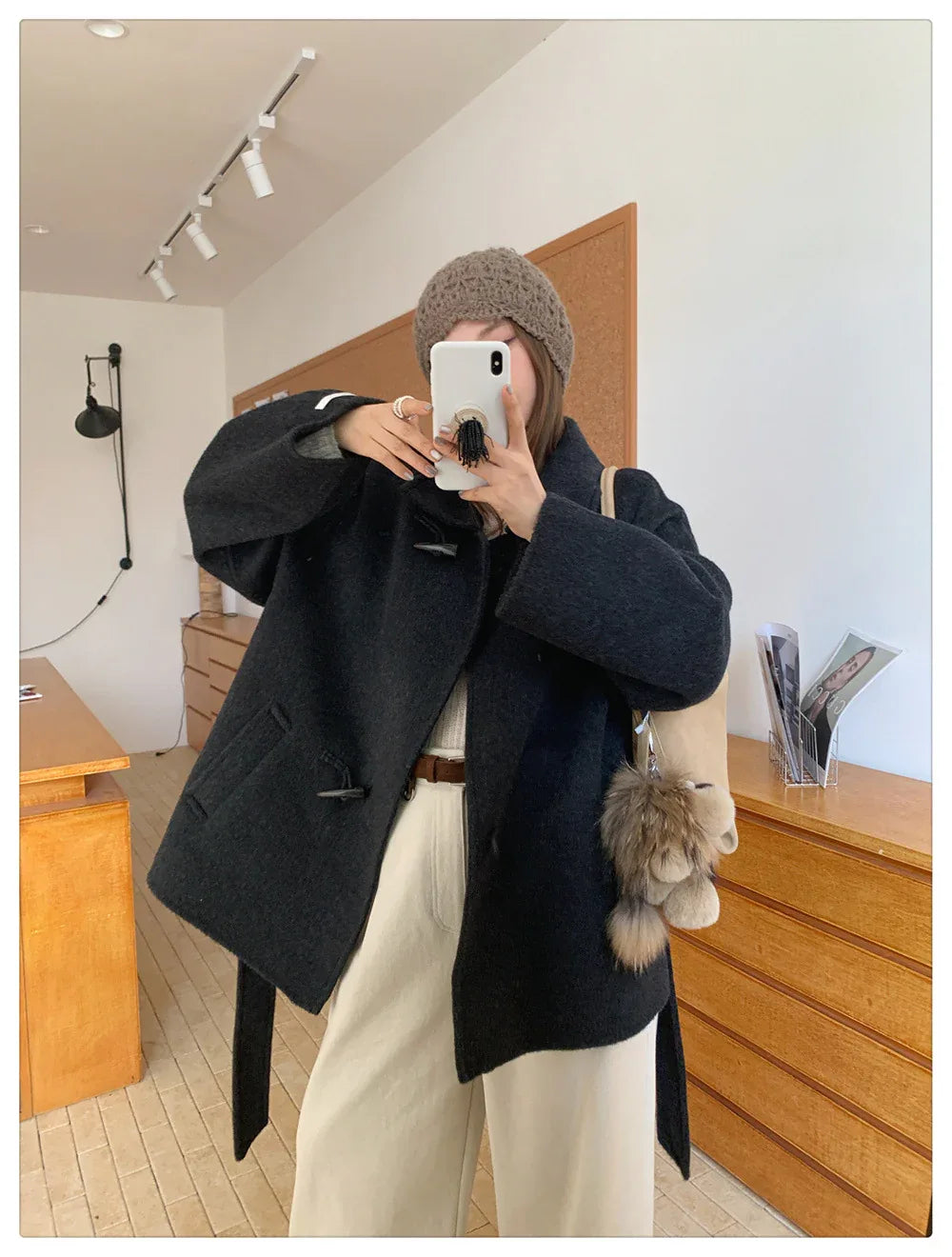 Women Wool Horn-Button Belted Funnel Coat